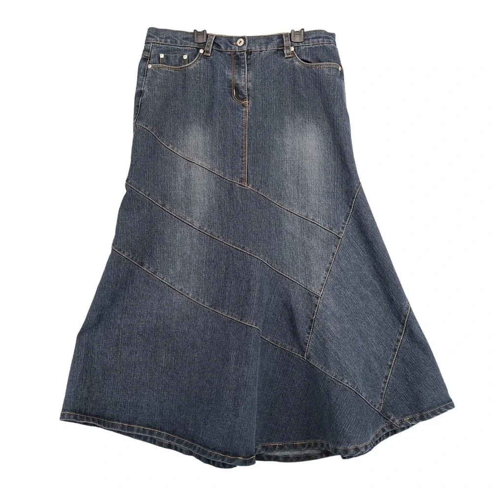 Vintage Y2K NoFuze Blue Asymmetrical Panel‎ Denim Midi Skirt Sz 13/14 34